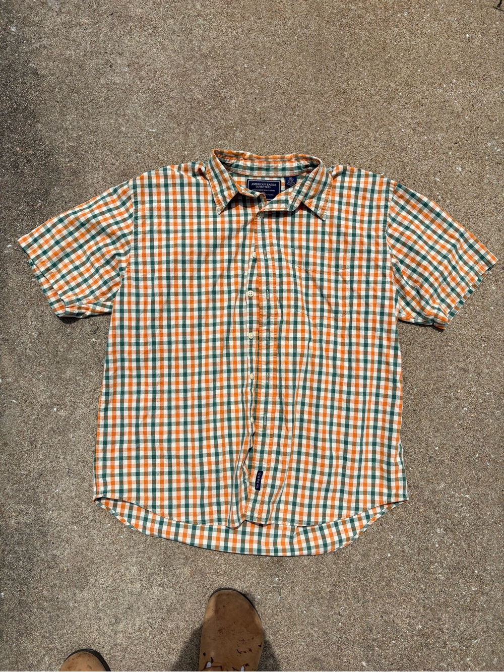 AEO green and orange checkered short sleeve shirt